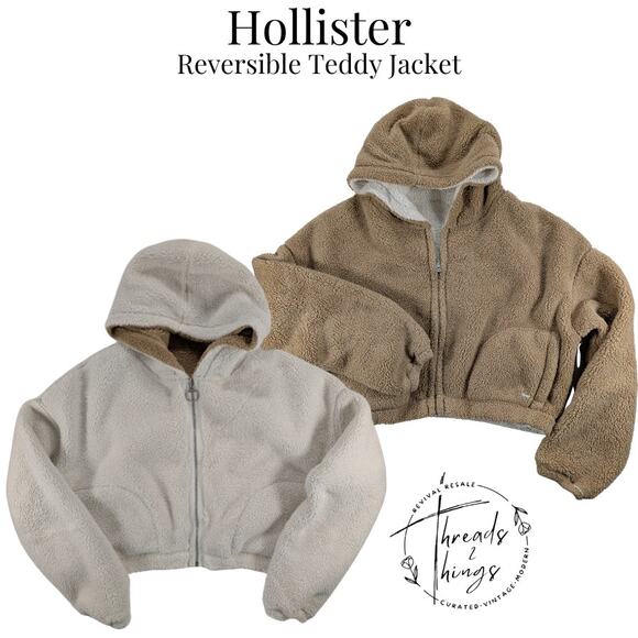 Hollister Jacket Women's Sm Tan White Reversible Sherpa Teddy Oversize Crop Cozy - Picture 1 of 12
